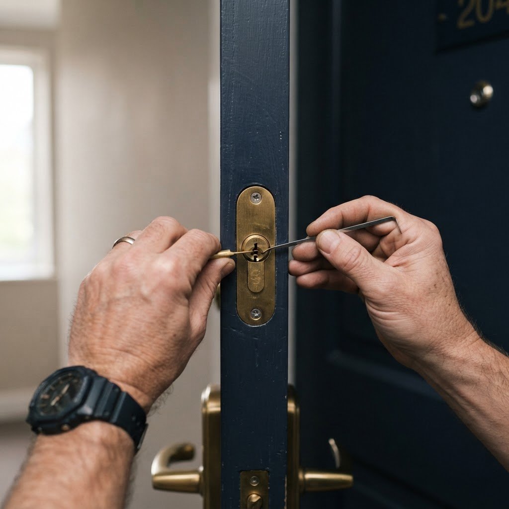 Serrurier ouvrant une serrure de porte d’entrée